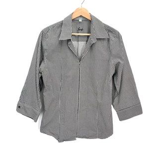 Foxcroft Black White Houndstooth Wrinkle Free Fitted Zip Up 3/4 Sleeve Size 12